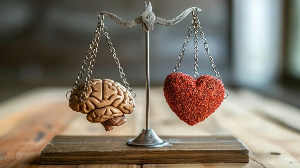 Miniature brain balancing on a scale with a miniature heart