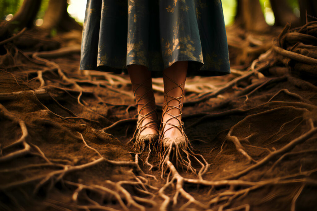 Feet in ballet shoes consumed by roots