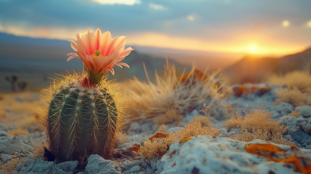 Cactus with flower in sunset